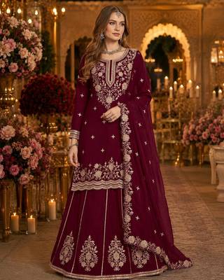 Maroon premium embroidered vichitra silk free size lehenga style suit UP To 42 1
