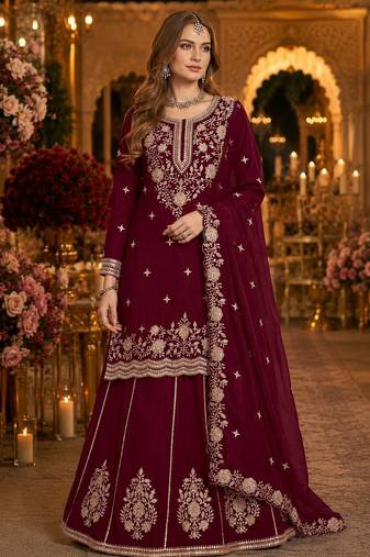 Maroon premium embroidered vichitra silk free size lehenga style suit UP To 42