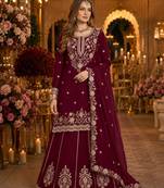 Maroon premium embroidered vichitra silk free size lehenga style suit UP To 42