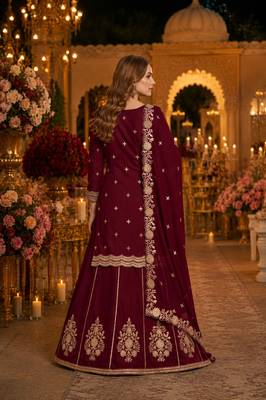 Maroon premium embroidered vichitra silk free size lehenga style suit UP To 42 2