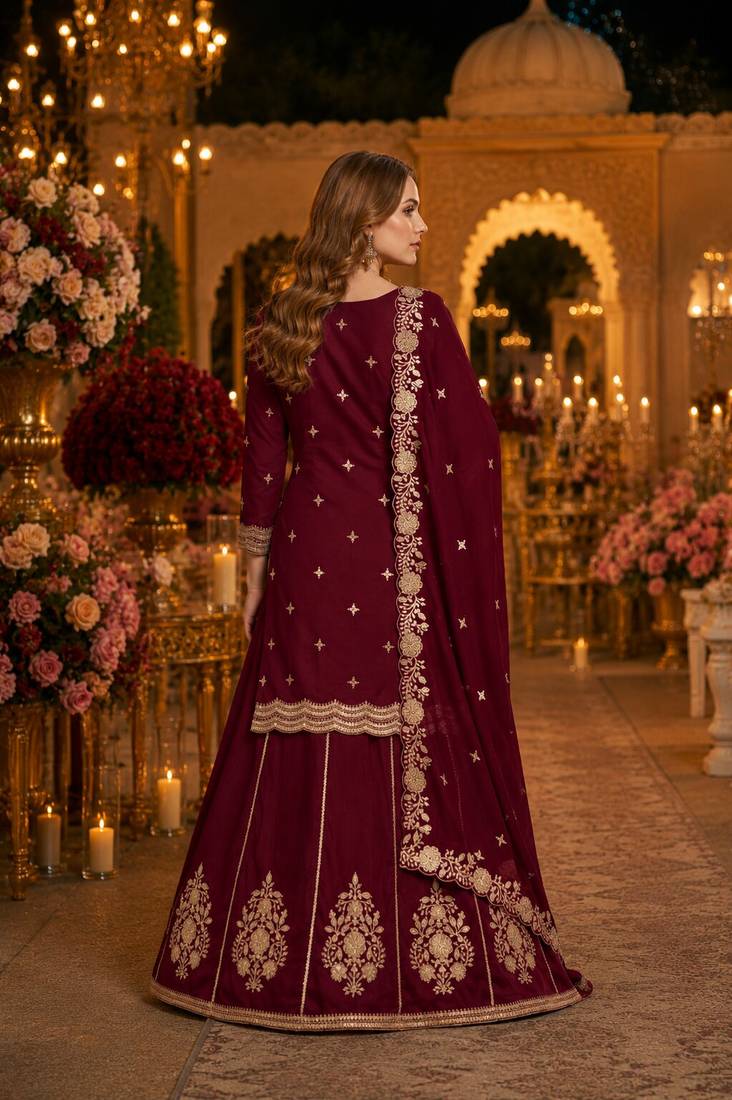 Maroon premium embroidered vichitra silk free size lehenga style suit UP To 42