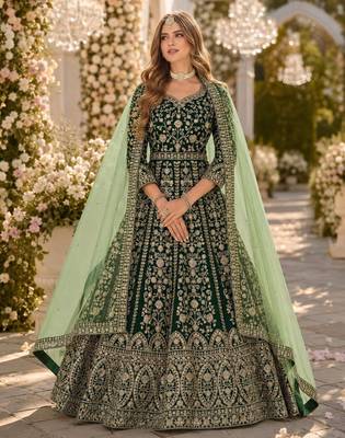 D green velvet semi stitched anarkali suits with heavy embroidery work 1