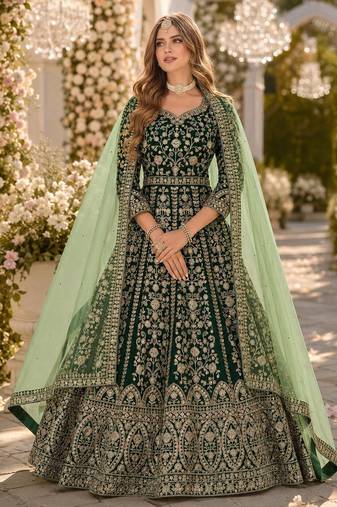 D green velvet semi stitched anarkali suits with heavy embroidery work