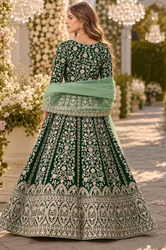 D green velvet semi stitched anarkali suits with heavy embroidery work
