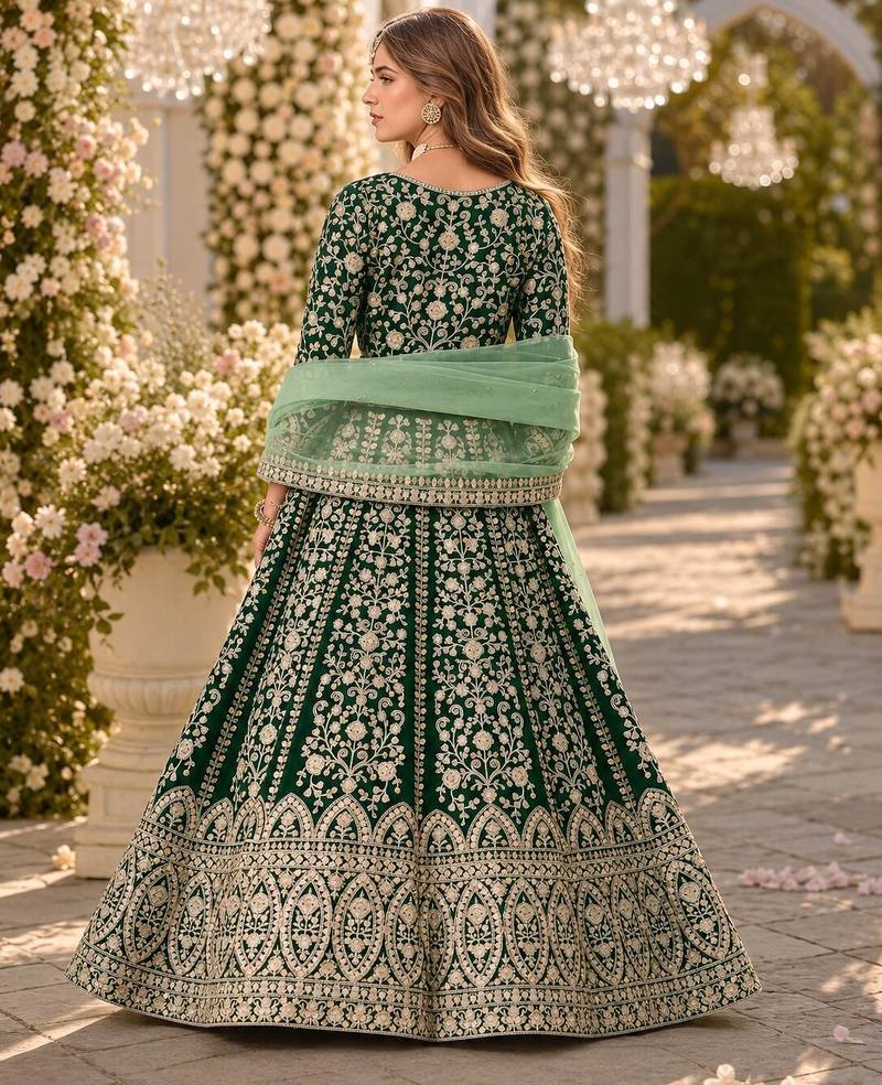D green velvet semi stitched anarkali suits with heavy embroidery work