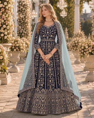 Navy velvet semi stitched anarkali suits with heavy embroidery work 1