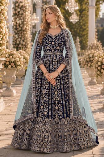 Navy velvet semi stitched anarkali suits with heavy embroidery work