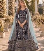 Navy velvet semi stitched anarkali suits with heavy embroidery work