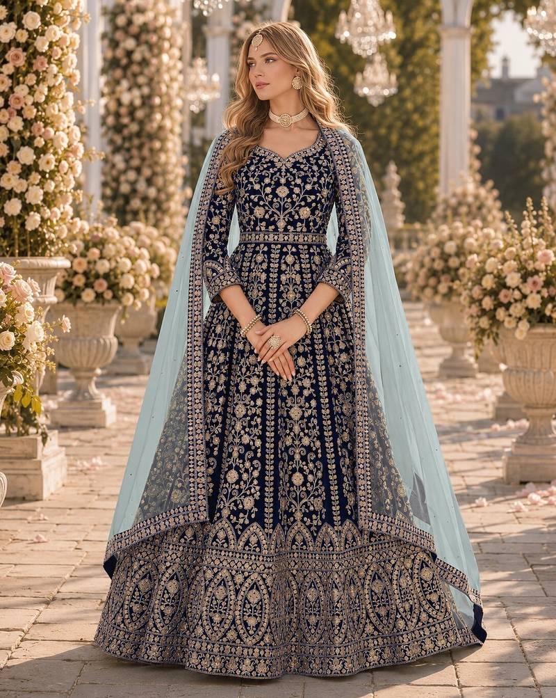 Navy velvet semi stitched anarkali suits with heavy embroidery work