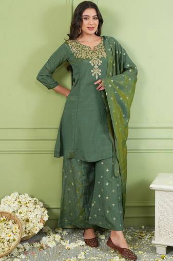 Women Ethnic Motifs Embroidered Regular Thread Work Kurta with Palazzos & With Dupatta