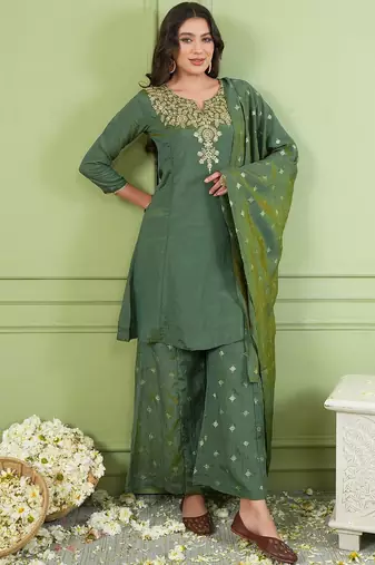Women Ethnic Motifs Embroidered Regular Thread Work Kurta with Palazzos & With Dupatta