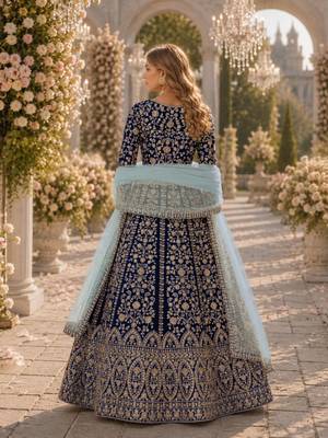 Navy velvet semi stitched anarkali suits with heavy embroidery work 2