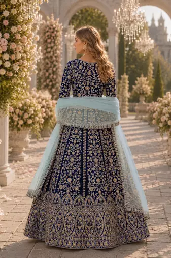 Navy velvet semi stitched anarkali suits with heavy embroidery work