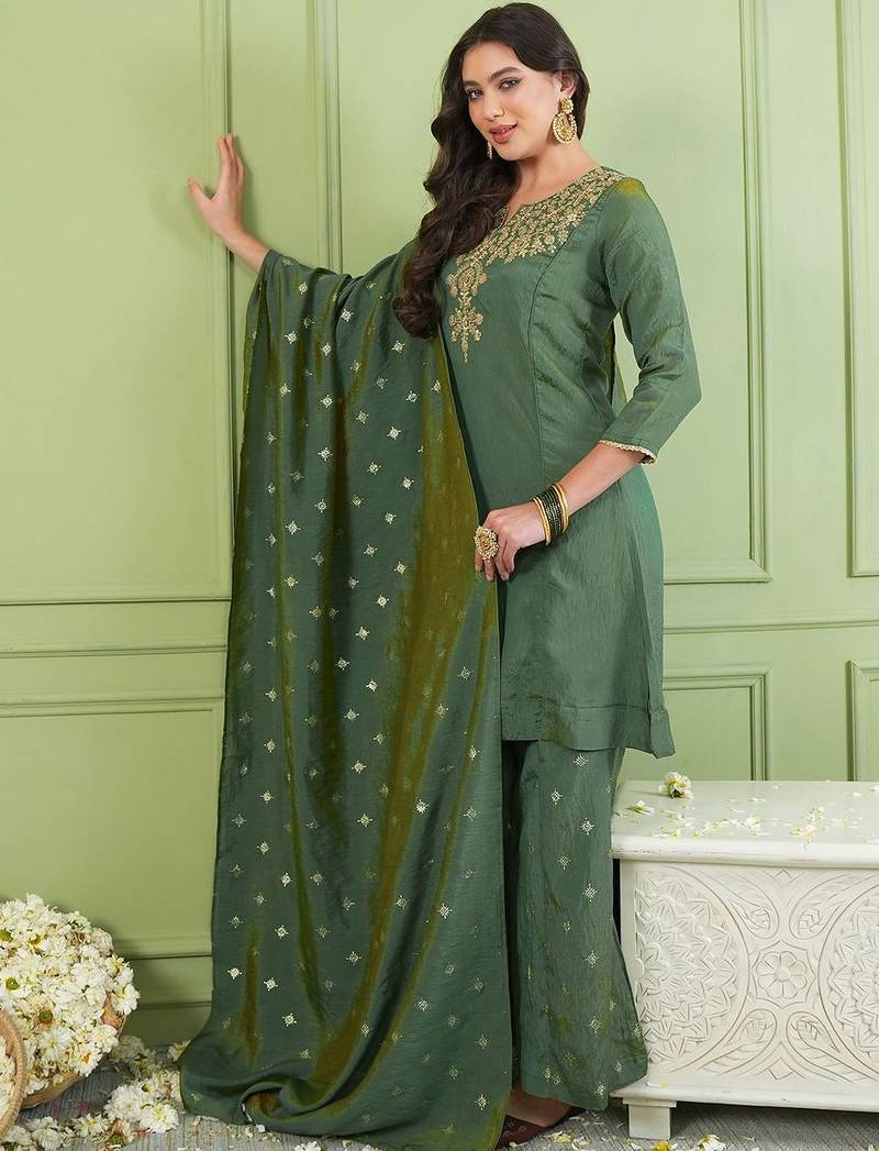 Women Ethnic Motifs Embroidered Regular Thread Work Kurta with Palazzos & With Dupatta