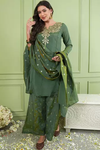 Women Ethnic Motifs Embroidered Regular Thread Work Kurta with Palazzos & With Dupatta