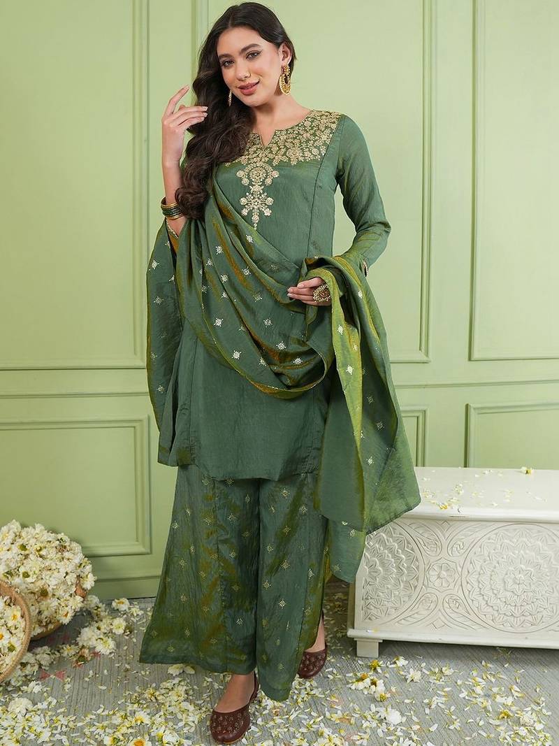 Women Ethnic Motifs Embroidered Regular Thread Work Kurta with Palazzos & With Dupatta