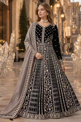 Black velvet semi stitched anarkali suits with heavy embroidery work