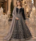 Black velvet semi stitched anarkali suits with heavy embroidery work