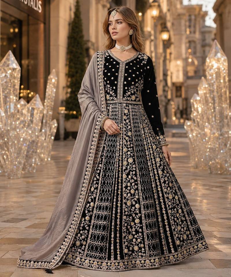 Black velvet semi stitched anarkali suits with heavy embroidery work