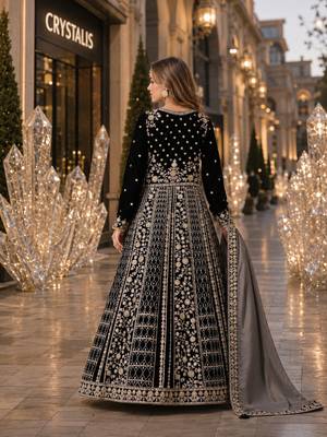 Black velvet semi stitched anarkali suits with heavy embroidery work 2