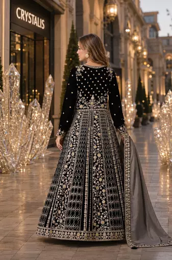 Black velvet semi stitched anarkali suits with heavy embroidery work