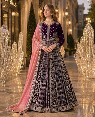 Purple velvet semi stitched anarkali suits with heavy embroidery work 1