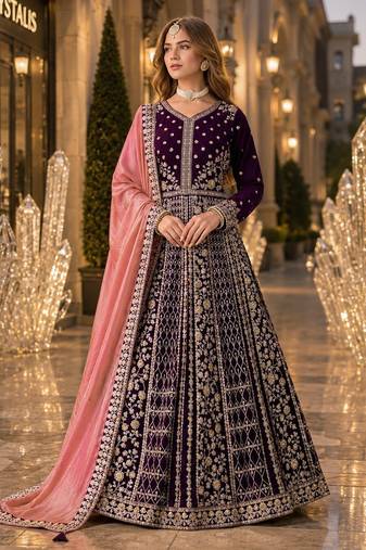 Purple velvet semi stitched anarkali suits with heavy embroidery work