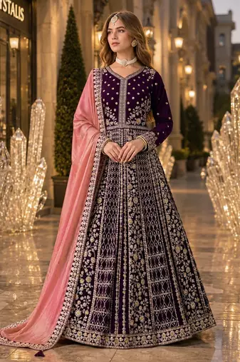 Purple velvet semi stitched anarkali suits with heavy embroidery work