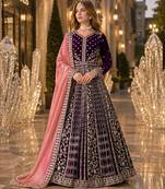 Purple velvet semi stitched anarkali suits with heavy embroidery work