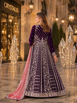 Purple velvet semi stitched anarkali suits with heavy embroidery work 2