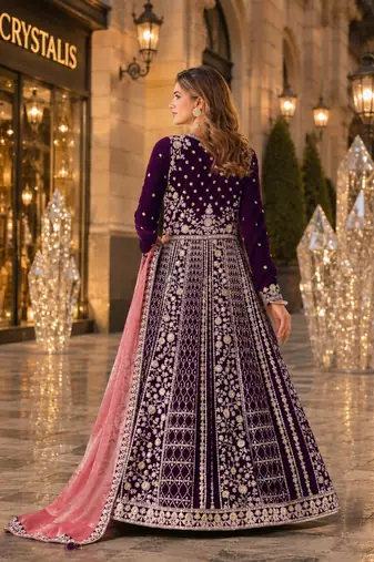 Purple velvet semi stitched anarkali suits with heavy embroidery work