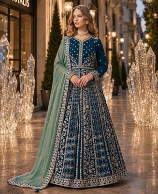 Teal velvet semi stitched anarkali suits with heavy embroidery work 1