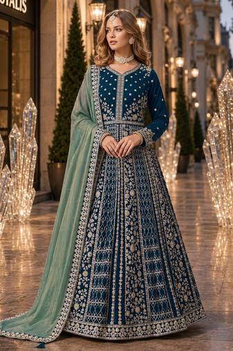 Teal velvet semi stitched anarkali suits with heavy embroidery work