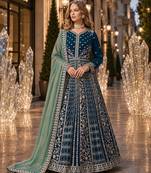 Teal velvet semi stitched anarkali suits with heavy embroidery work