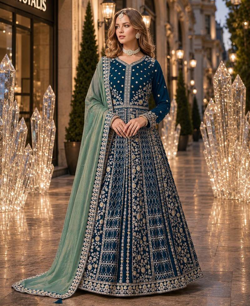 Teal velvet semi stitched anarkali suits with heavy embroidery work