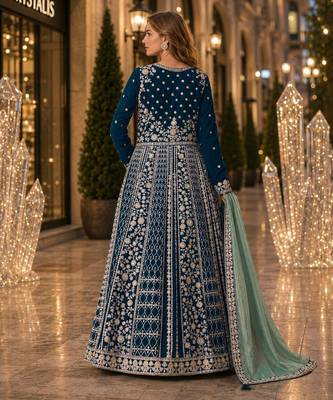 Teal velvet semi stitched anarkali suits with heavy embroidery work 2