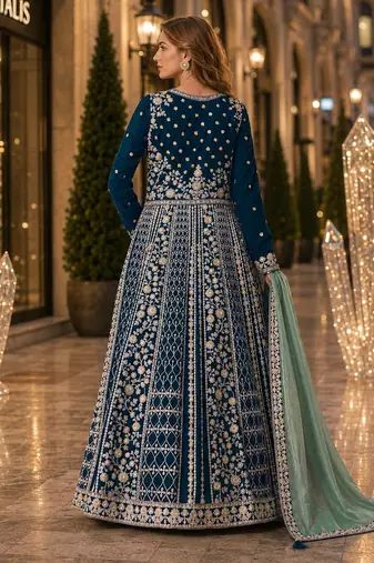 Teal velvet semi stitched anarkali suits with heavy embroidery work