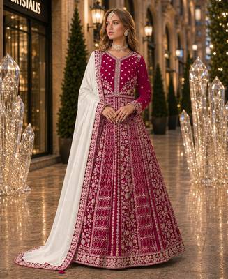 Magenta velvet semi stitched anarkali suits with heavy embroidery work 1