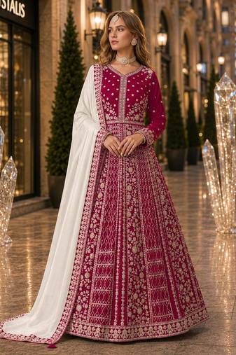 Magenta velvet semi stitched anarkali suits with heavy embroidery work