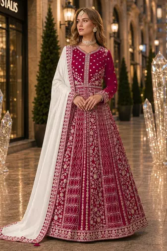 Magenta velvet semi stitched anarkali suits with heavy embroidery work
