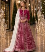Magenta velvet semi stitched anarkali suits with heavy embroidery work