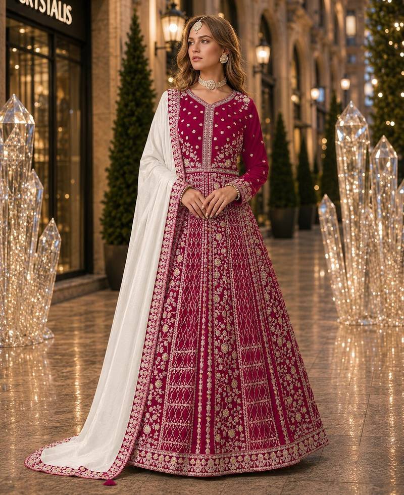 Magenta velvet semi stitched anarkali suits with heavy embroidery work