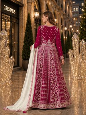 Magenta velvet semi stitched anarkali suits with heavy embroidery work 2