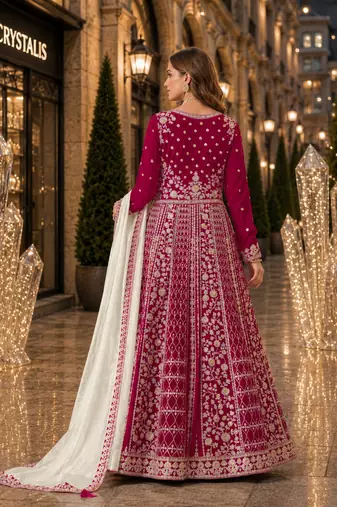 Magenta velvet semi stitched anarkali suits with heavy embroidery work