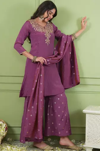Women Ethnic Motifs Embroidered Regular Thread Work Kurta with Palazzos & With Dupatta