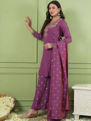 Women Ethnic Motifs Embroidered Regular Thread Work Kurta with Palazzos & With Dupatta 5