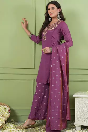Women Ethnic Motifs Embroidered Regular Thread Work Kurta with Palazzos & With Dupatta