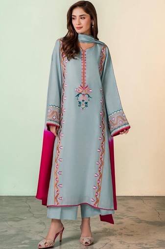 Floral Embroidered Mirror Work Silk Crepe Kurta with Palazzos & With Dupatta
