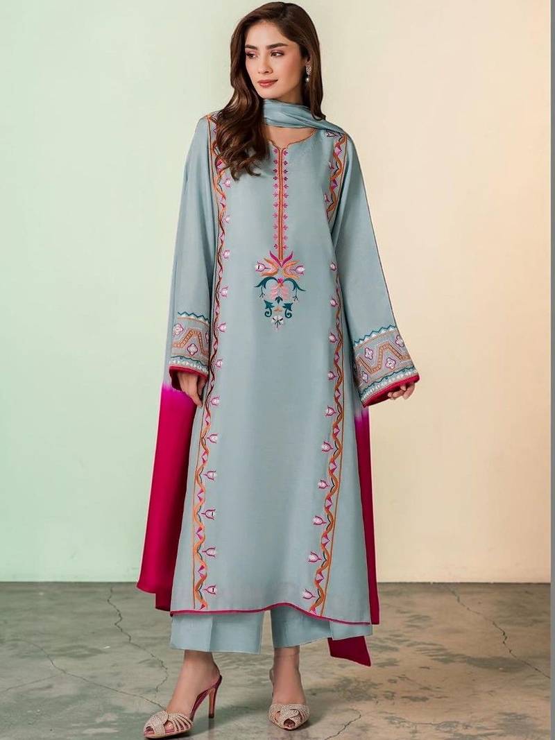Floral Embroidered Mirror Work Silk Crepe Kurta with Palazzos & With Dupatta