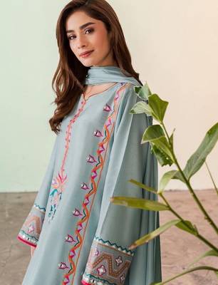 Floral Embroidered Mirror Work Silk Crepe Kurta with Palazzos & With Dupatta 2